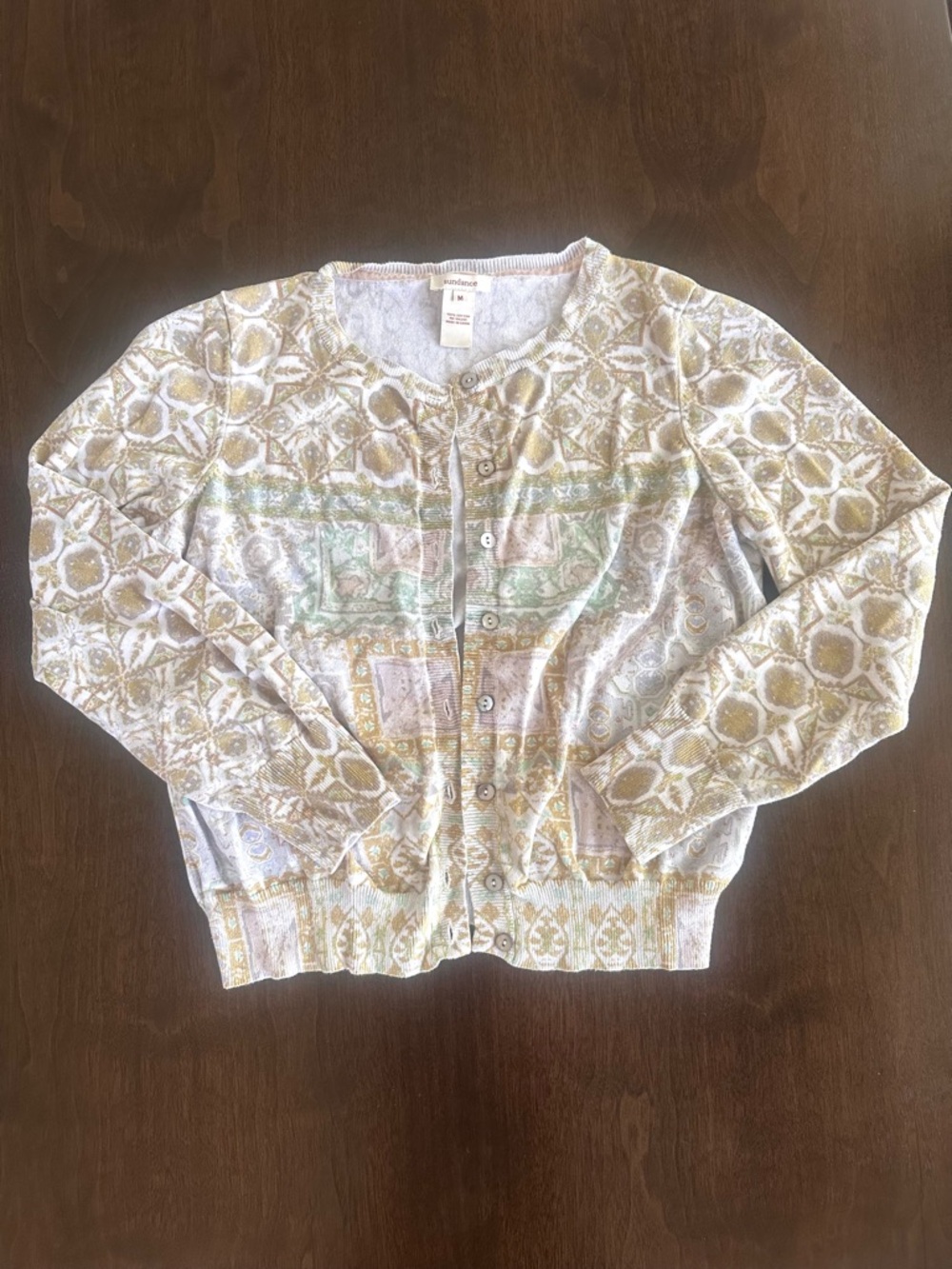 Sundance Ethnic Pattern Button Up Cardigan 100% Cotton Mustard Green Grey EUC